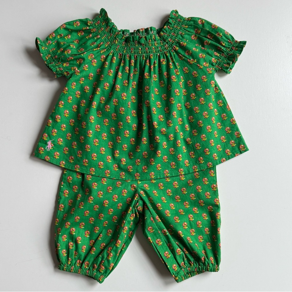 Ralph Lauren Green Floral Smocked Cotton Top & Pant Set - Size 3M
